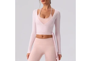 Ladies Long Sleeve V-neck Yoga Shirt Adjustable Tie Waist Slim Sports Pilates Workout Wear
