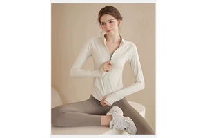 Women's Long-Sleeve Yoga Jacket with Double Zippers & Stand Collar - Slim-Fit, Figure-Flattering Sports Top for Running, Cycling