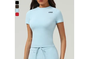 Wholesale Yoga Short Sleeve Fitness Workout Women's Clothing Elastic Activewear Round Neck Sports Gym Crop Yoga Tops