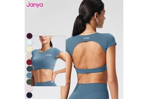 Janya Women Running Sports Tops Gym Clothing Breathable Hollow Out Back Slim Fit Workout T-shirt Short Sleeve Yoga Crop Tops
