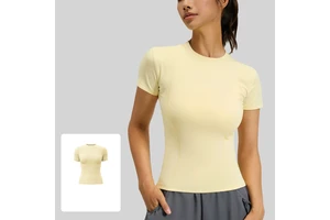 Pastel Yellow Fitness T-Shirt Women Soft Stretchy Running Top Tight Fit Training Tee Round Neck Short Sleeve Activewear