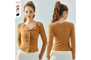 MAYYOUNG In-Stock Skin-Friendly Breathable Fitness Top with V-Shaped Lapel and Front Pleats Long Sleeve Activewear
