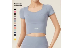 Women's New Spliced Yoga Fitness Top Short-Sleeved Pure Color Quick Dry Breathable Lightweight Seamless for Adults Slimming
