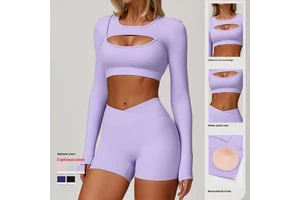 Cross-Border Bare-Feel Tight Yoga Long-Sleeve Shockproof Sports Hollow Spandex/Nylon Sweat-Wicking T-Shirt Running Top