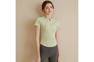 Women's Plus Size Summer Zipper Yoga Top Slimming Quick-Drying Training Fitness Clothes Tight Waist Short-Sleeved Design Front