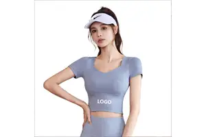 New Summer Solid Print Yoga T-Shirt Bra-Free Running Short Sleeve Top with Quick Dry High Elastic Slim Fit for Adults LOGO