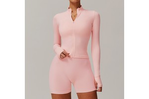 Women's Breathable Sweat-Wicking Spandex/Nylon Fitness Jacket Quick-Drying Long-Sleeved Yoga Wear Zipper Front Logo Skinny Top