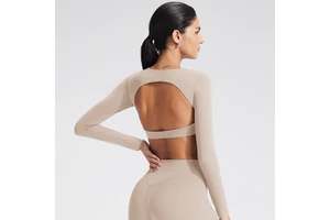 Women Hollow Back Long Sleeve Sports Top Breathable Tight Fit Yoga Workout Fitness Training Crop