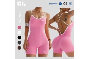 Women's Fashion New Contrast Bandage Sexy V-Back Cutout Butt Lifting Seamless Yoga Short Bodysuit