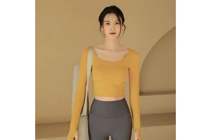 Women's Modal Long-Sleeved Skinny Front Logo Sweat-Wicking Four-Way Stretch Nude Yoga Suit Top Lightweight Design