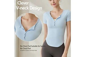 Women's Clever V-Neck Short Sleeve Yoga Top Button Detail Curved Hem No Chest Pad Buttery Soft Breathable Lightweight Skinny Fit