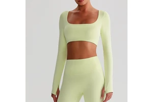 Customized Stretchy Women's Athletic Fitness Slim Fit Open Back Long Sleeve Square Neck Crop Top Gym Yoga Workout Tops