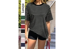 Women's Striped Short Sleeve T-Shirt Crew Neck Loose Fit Casual Basic Tee For Daily Streetwear & Summer Wear