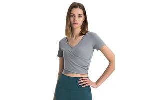 Summer Ribbed Deep V Neck Short Sleeve Breathable Quick Dry Four-Way Stretch Regular Fit Sports T-shirt Workout Yoga Activewear