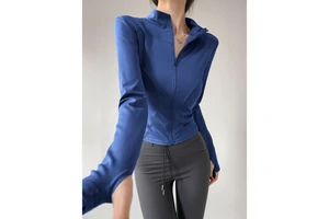Stand up Collar Four Fold Zipper Long Sleeved High Stretch Yoga Top with Thumb Hole