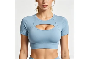 Women's Plus Size Cutout Crop Top Short Sleeve Yoga T-Shirt Built-in Bra Four-Way Stretch Quick Dry Breathable Athletic Workout