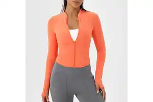 Women's Slim-Fit Long Sleeve Solid Yoga Jacket Lightweight Breathable Quick Dry Zippered Stand Neck Ribbed Fitness Top