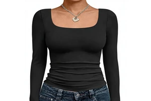 Trendy Cute Womens Jersey Long Sleeve Crop Tops Fall Fashion Solid Square Neck Going Out Basics Tees