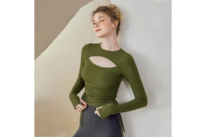 Fashion New Design Hollow Women Yoga Scrunch Waist Tight Long Sleeve Fitness Running Yoga Crop Gym T Shirt