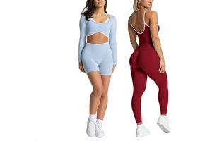 Women's Cross-border Solid Color Tight-fit Pull Seamless Two-piece Sports Top Long-sleeved Running Fitness Yoga Outer Nylon