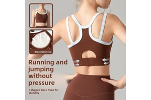 Nude-feel High Support Spandex/Nylon Yoga Tank Top Semi-fixed Cups Fitness Bra Color-blocked Cropped Racerback Sports