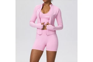Women Solid Plus Size Seamless 3 Piece Workout Set Long Sleeve Crop Jacket High Waist Shorts Yoga Fitness Activewear