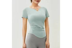 Wholesale Women's Workout Pleated Tops Short Sleeve V-Neck Slim Fit Built in Bra Shirt Soft Yoga Clothes for Women Fitness