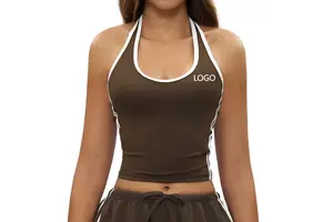 Breathable Plus Size High Support Quick Dry Simple Fashionable Halter Neck Backless Yoga Tank U-neck Top Nylon Spandex Fabric