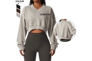 Autumn Athleisure Long Sleeve Yoga Crop Tops Blank Oversized V Collar Pullover Gym Sports Hoodie