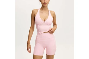 2026 Summer Trending Baby Pink Custom Logo Women Halter Tank Top V Neck Cross Back Sweat Wicking Four Way Stretch Contour Top