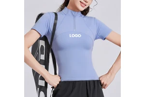 Oem Summer Custom Women'S Quick Dry Breathable Slim Fit Half Zip Yoga Tennis Tops Short Sleeve Gym T-Shirt With Back Mesh Design