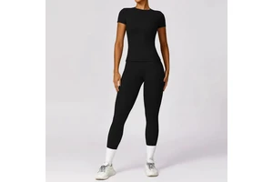 Custom Slim Fit Yoga T Shirts Gym Pants Fitness Leggings Recycled Sweat-Wicking Short Sleeves Quick Dry 2-Piece Sets Front Print