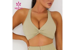 High Quality Gym Workout Spandex Women Custom Logo Yoga Bras Top High Support Deep V Neck Sexy Front Twist Sports Bra for Women