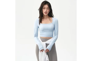 Yoga Wear Autumn/Winter Womens Long-Sleeve Fitted-Cup Moisture-wicking Nylon Spandex Waist-length Pilates Training Top