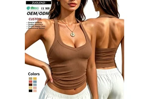 OEM ODM Custom Coffee Brown Ribbed Halter Neck Yoga Tank Top Women's Quick Dry Workout Gym Top Backless Knitted Sports Vest