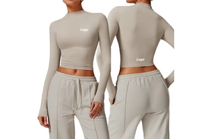 Custom Logo Women's Long Sleeve Crop Top High Neck Yoga Workout Shirt Stretch Activewear Fitness Gym Running Workout Shirt