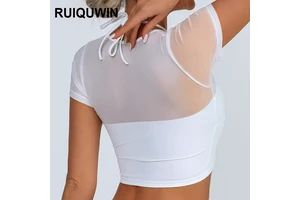 RUIQUWIN Wholesale Fashion Mesh Yoga Top Women's Quick Drying Breathable Sports Fitness Top Short Sleeve T-Shirt