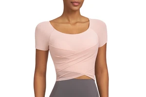 Women's Lightweight Spring Quick-Dry Yoga Top with Cross-Back Mesh Panels-Breathable Skinny Fit Pilates & Training Sportswear