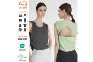 Aoyema Women Fitness Wear Beauty Back Yoga Blouse Striped Short Quick-drying Fitness Running Sports Training Sleeveless Top