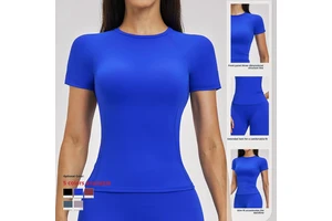 Custom Logo High Quality Women Brushed Yoga Short-sleeve Round-neck Slim-fit Waist Sweat-Wicking T-shirt Quick-Dry Gym Fitness