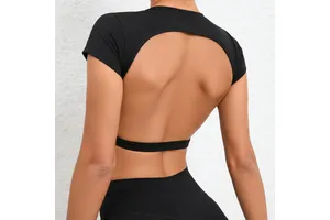 Round Neck Short Sleeve Backless Yoga Top Longline Fitness Active Top Naked Feeling Brushed Spandex Sports Crop Top Women