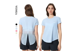 Women's Casual Summer Cooling Yoga Top Quick Dry Short Sleeve T-Shirt with Mesh Slit Design on Back Breathable and Seamless