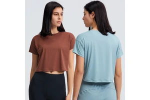 Shinbene Sexy Midriff-baring Loose Fit Gym Yoga Sport Crop T-shirt Crew Neck Fitness Crop Tops