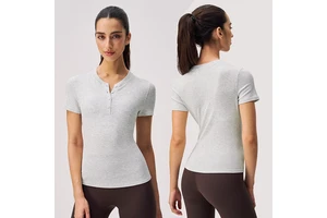 YBO-DX06 Custom Wholesale Yoga Short Sleeve Women's Henley Shirt Button Half Open Collar Ribbed Slim Fit Sports Fitness T-shirt