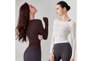 SILUO Recyclable Natural Modal Ribbed Autumn Nude Yoga Top Pleated Slim Neck Long Sleeve Fitness Clothing Breathable Quick Dry