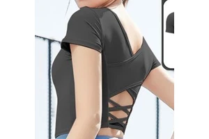Women Short Sleeves Beauty Back Cross Yoga Tops with Built in Bra