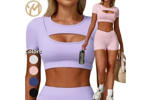 Yimo Women Gather Crop Top Workout Shirt Female Seamless Short Sleeves Yoga Top Lady High Stretch Quick Drying Running T-shirt