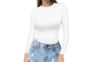 Customized Women's Long Sleeve Crew Neck T Shirts Basic Tee Tops with Hole Decoration Fitted Tight Neck Made From Natural Bamboo