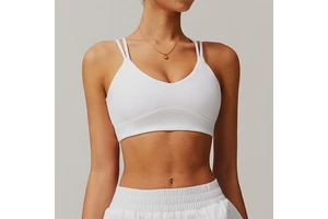 Nude Double Straps Deep V Neck Sport Bra Cross Back Strap Push up Fitness Activewear Yoga Bra