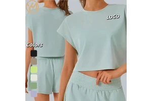 Yimo Women Short Sleeve Loose Workout Shirt Female Solid Color Round Neck Yoga Top Lady Quick Drying Slim Running T-shirt
